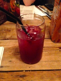 Amaretto, vodka, raspberry, açaí berry & blueberry juice, with soda and a mint leaf! Very refreshing